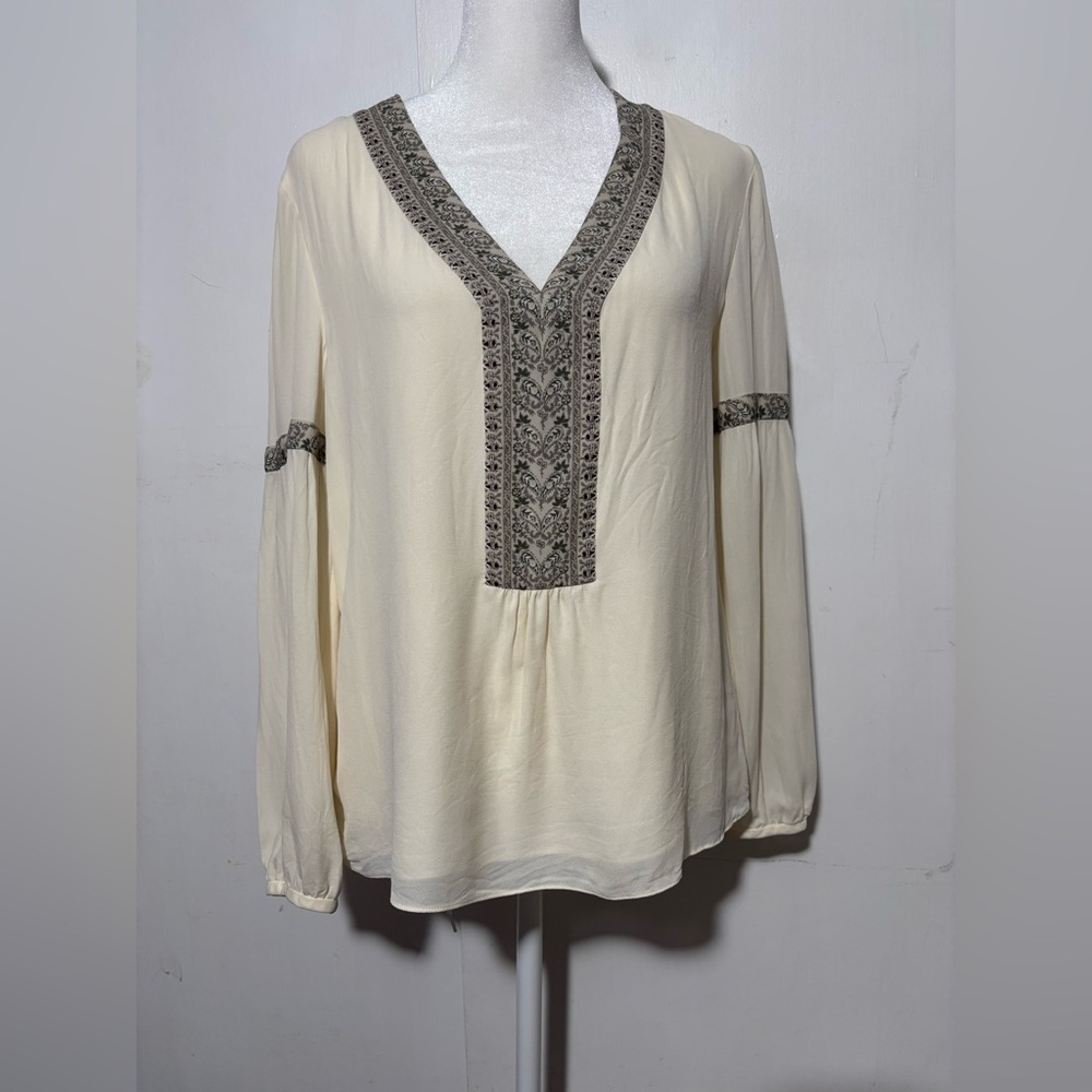 Tory Burch Cream V-Neck Silk Long Sleeve Peasant Blouse with Black/Gray design 6